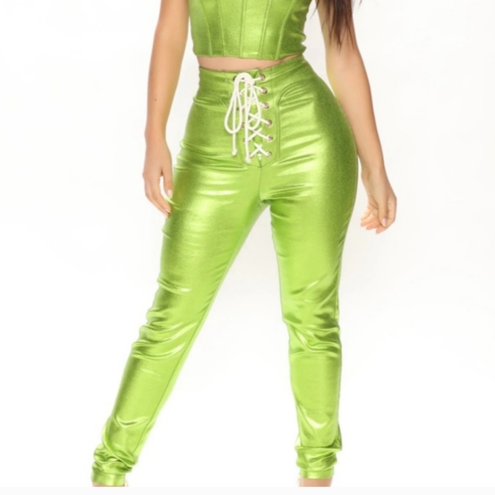 Fashion Nova metallic green pants size Lg